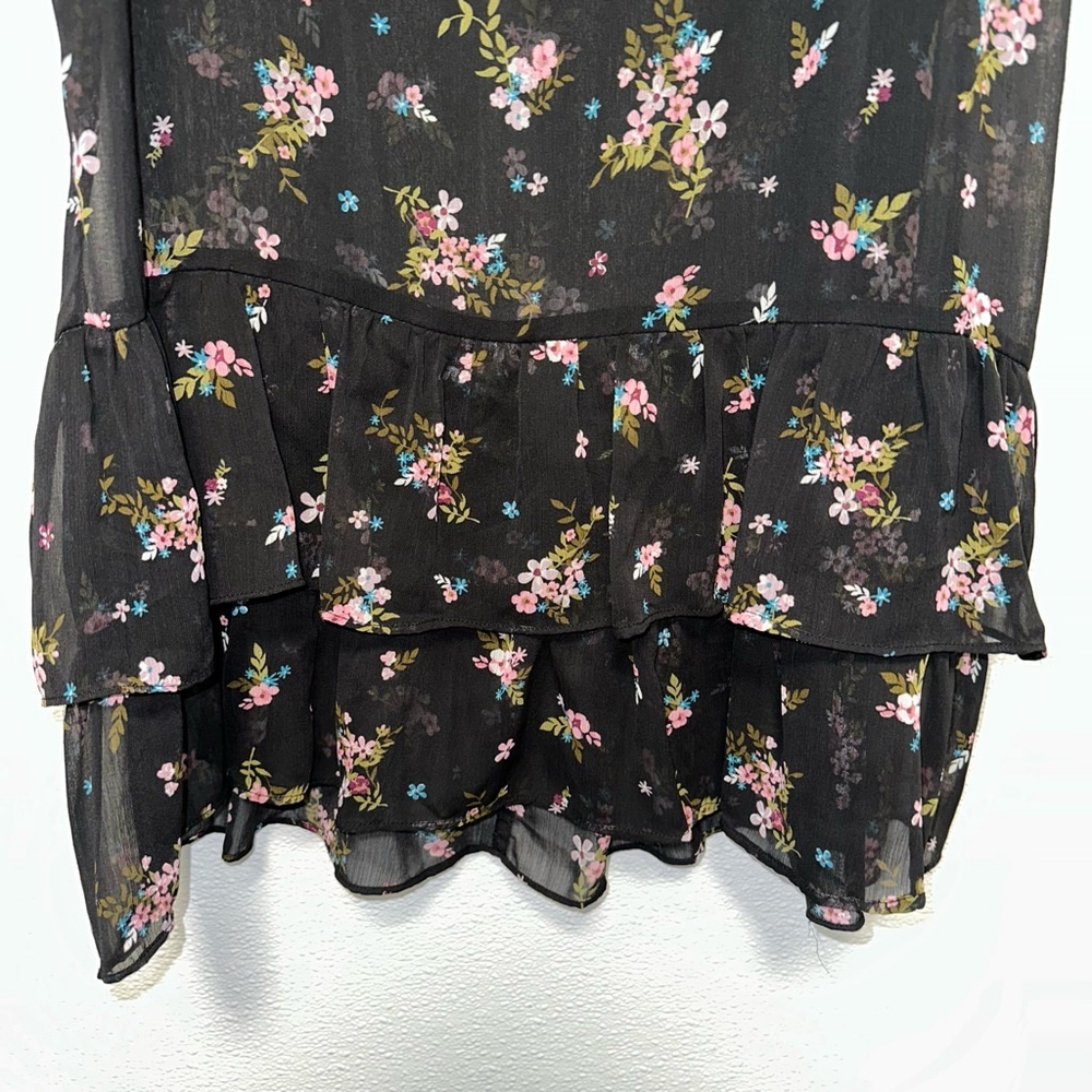 Women's XXI Forever 21 Dress Size M Medium Black Floral Sheer Ruffles - Picture 5 of 8